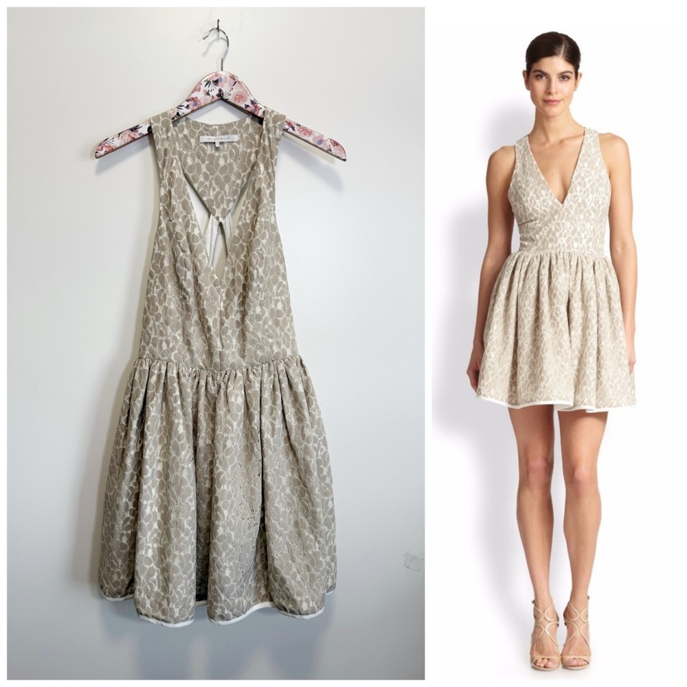 BLACK HALO Bree Latte Print Lace Fit ‘n Flare Cocktail Mini Dress Size 10 Tan